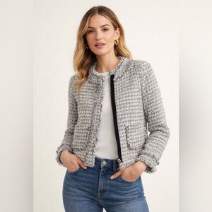 J.Crew Tweed Jacket Size 00 Fringe Trim Zip Front 28% Wool Blazer Chic Like New